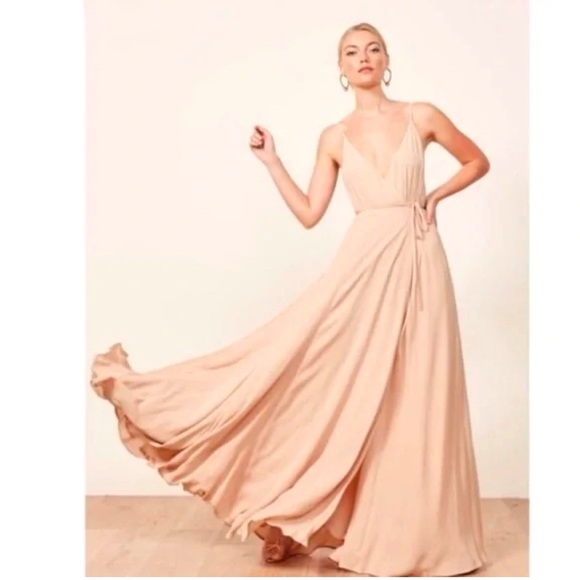 REFORMATION CALLALILY beige cream champagne backless v-neck wrap maxi dress - Picture 15 of 16